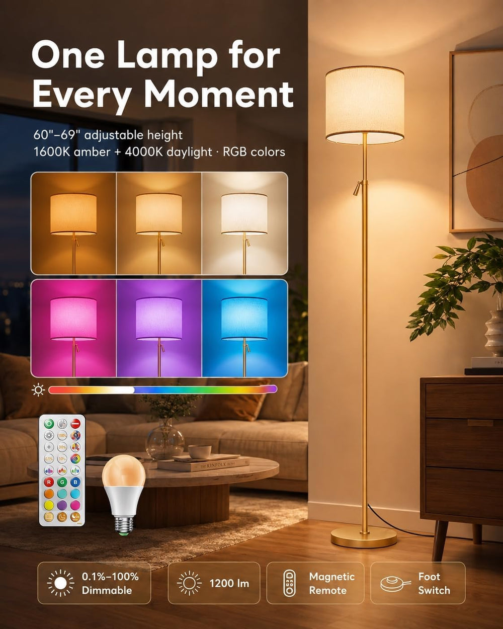 Height Adjustable Floor Lamp, RGB Color Changing LED, 60"-69"