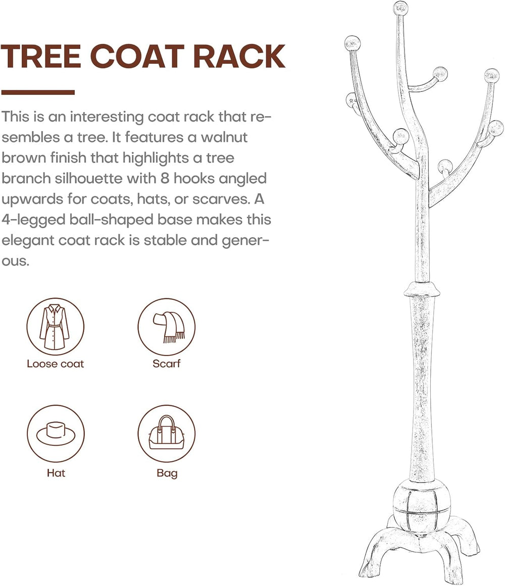 Bekrvio Coat Rack Freestanding Wood Coat Tree Rack with 8 Hooks, Walnut