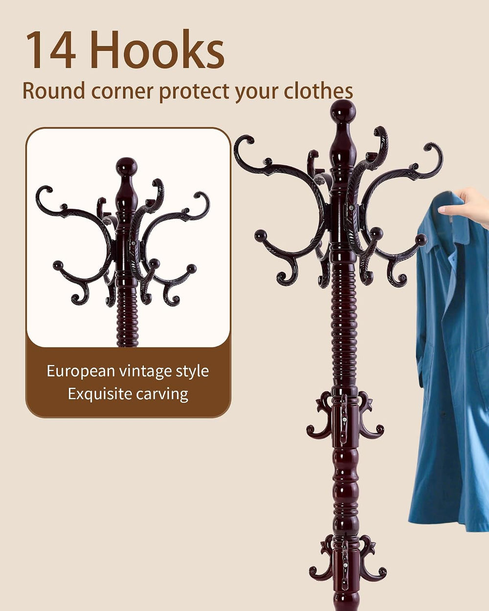 EZIVIEZ Coat Rack Vintage Solid Wood Coat Rack Freestanding with 14 Hooks