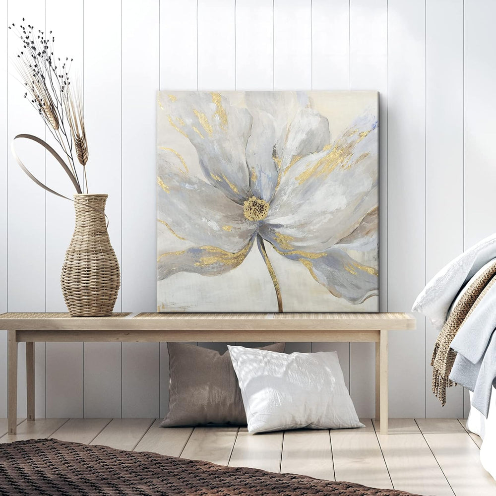 Goldfoilart Floral Wall Art Gold Flower Canvas Pictures with Foil Embellishme...