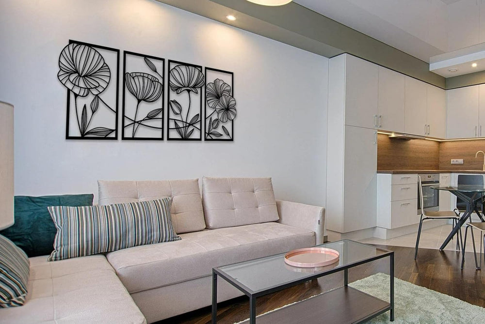 ESTART 4Pcs Metal Lotus Wall Decor Abstract Floral Line Art Sculpture
