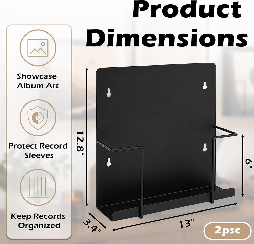 Vinyl Record Holder Wall Mount, 2 Pack Metal LP Storage Display Rack, Black
