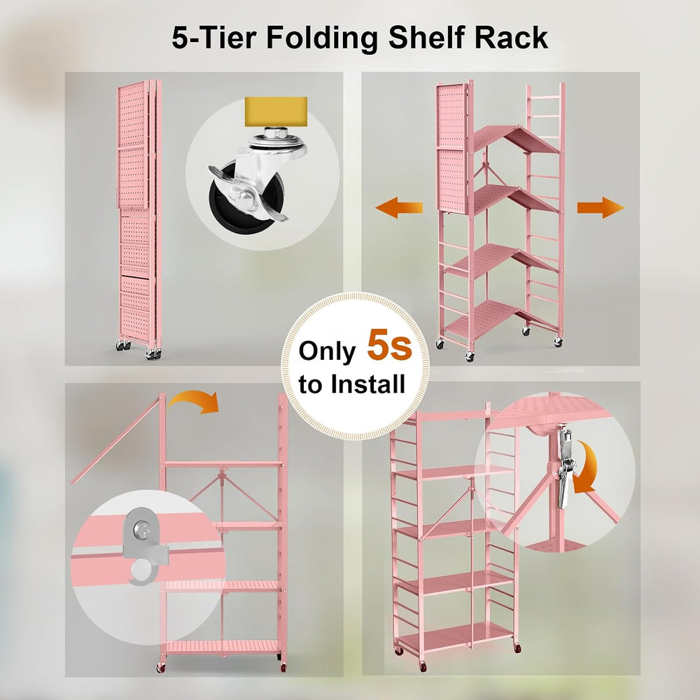 Himix 5-Tier Folding Storage Shelves with 20 Hooks Wheels Home Pink