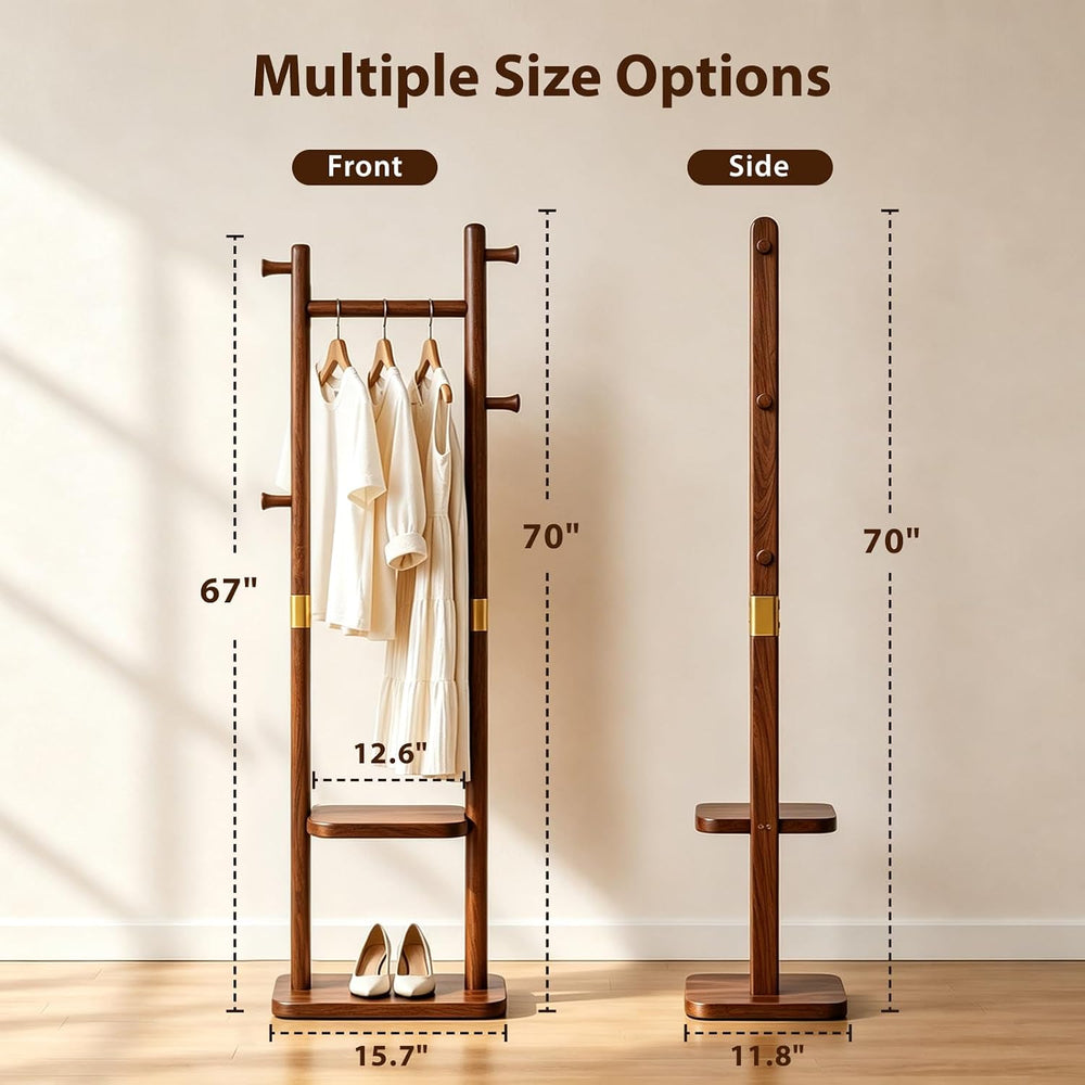 Taitiy Solid Wood Coat Rack Freestanding Clothes Rack 5 Hooks 2 Shelves