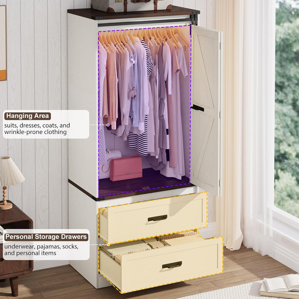 2 Doors Armoire Wardrobe Closet w/ Folding Sliding Barn Door,Antique White