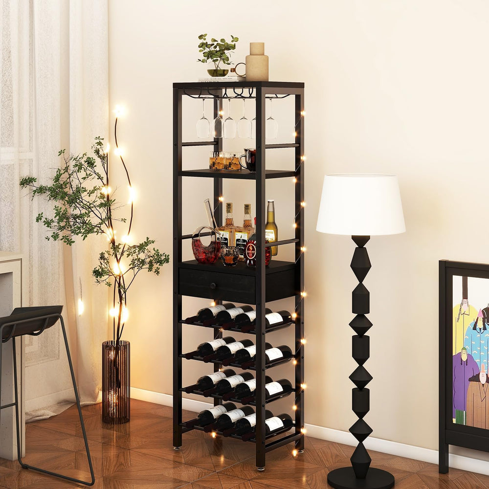 IBUYKE Wine Rack Freestanding Floor with Glass Holder,Black TMJ905B