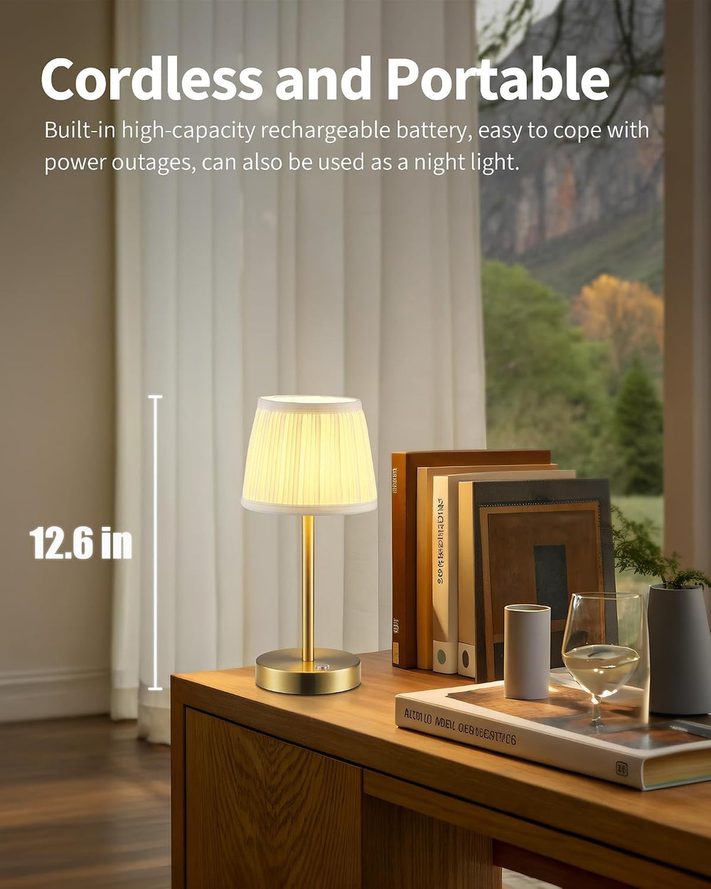 PUSU 2 Pack Cordless Gold Table Lamps, Fabric Shade Bedside Small Lamp