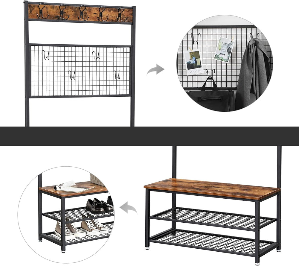 VASAGLE Coat Rack and Storage Bench, Hall Tree with 9 Hooks, Iron Frame