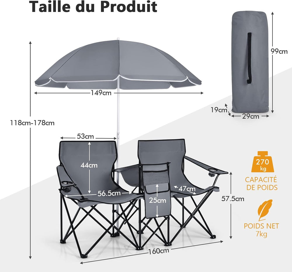 COSTWAY Folding 2 Seater Camping Chair with Parasol and Cooler, Grey