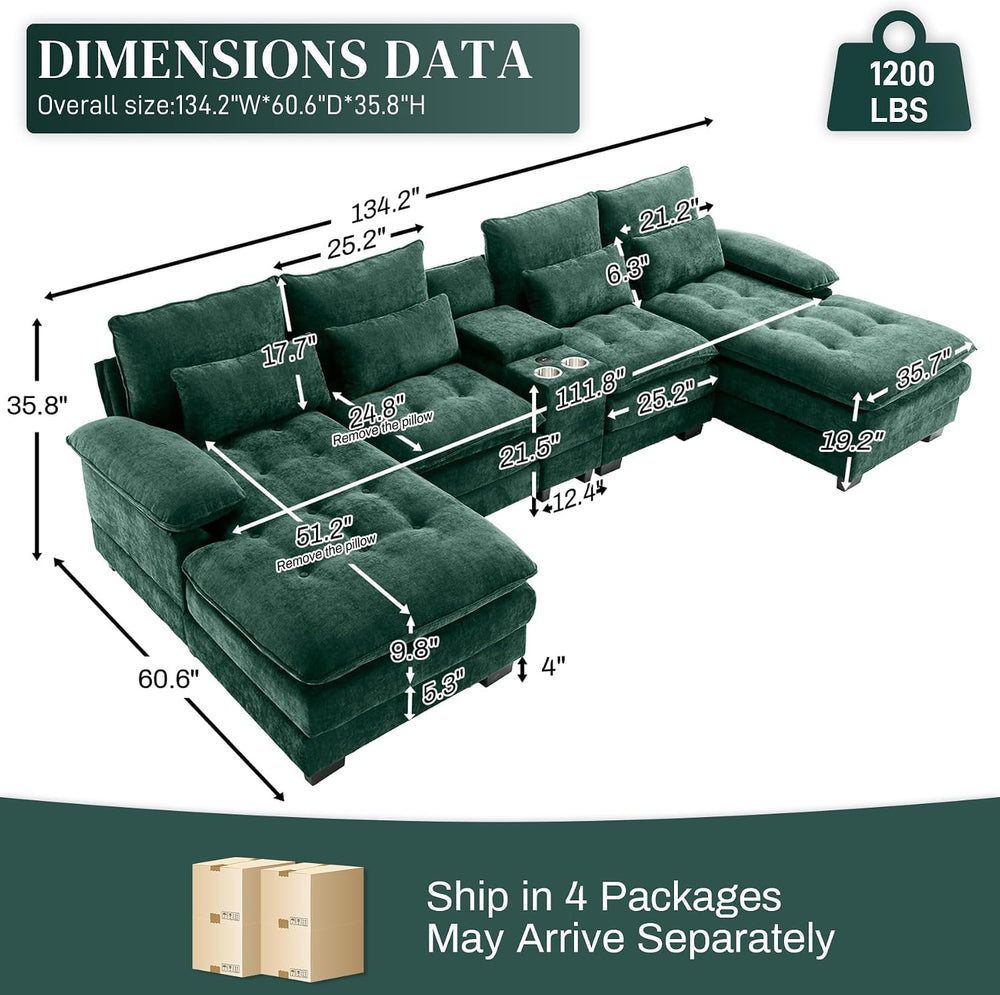 134" U-Shaped Sectional Couches for Living Room with Storage, Green