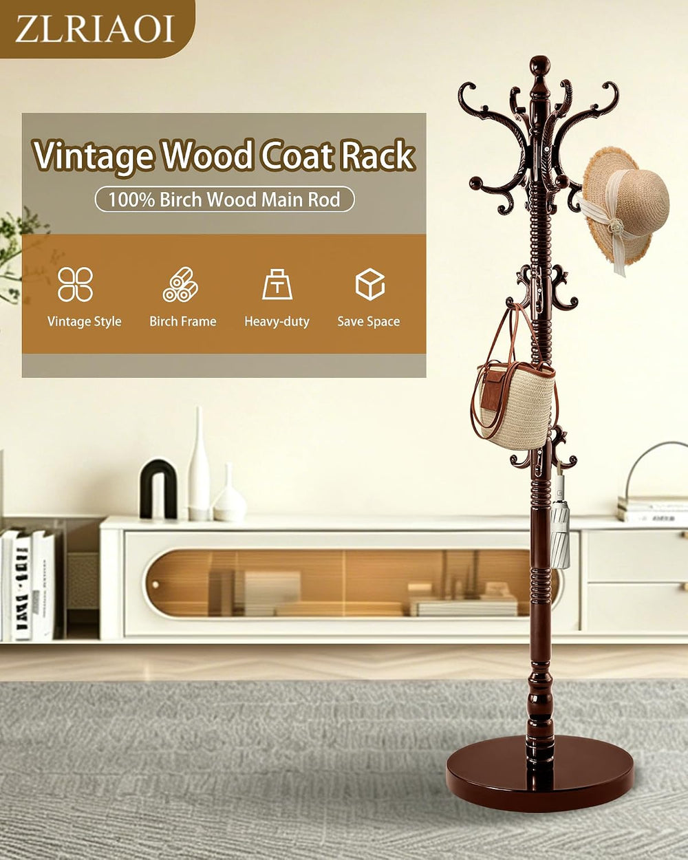 Wooden Coat Rack, Vintage Solid Wood Coat Rack Stand with 14 Hooks