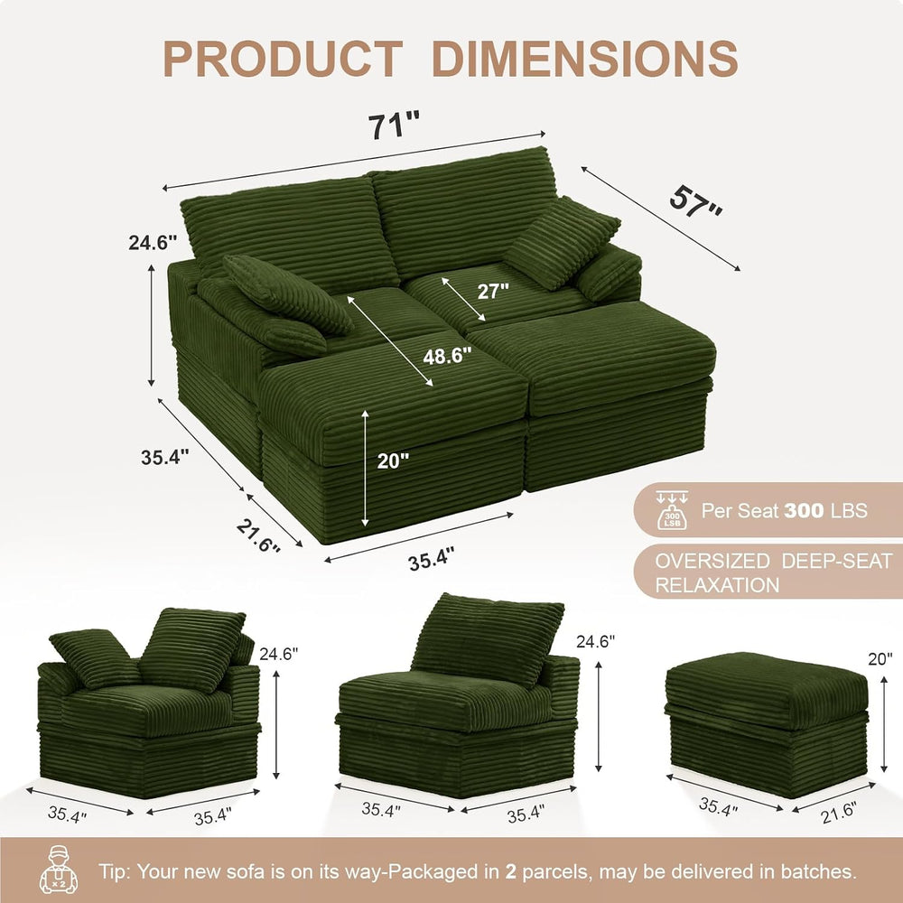 71" Modular Loveseat Sofa with Storage, 2-Seater Boneless Couch with Ott...