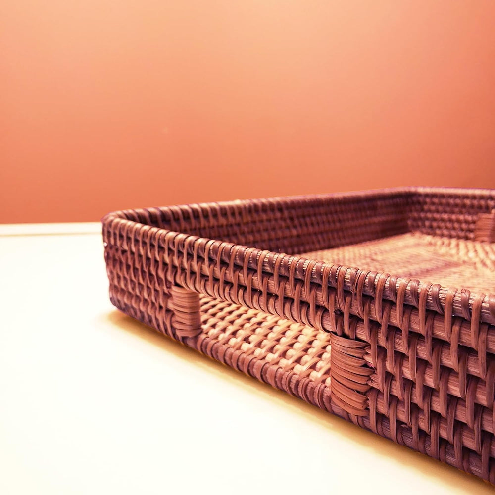 i-lan 17" Oversized Rattan Serving Tray with Handles Dark Brown Wicker Tray