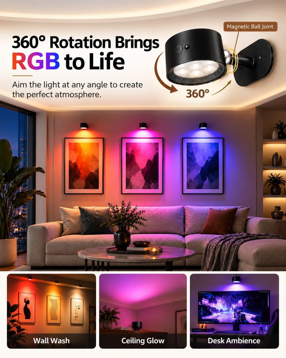 Picture Lights for Wall, 6 Pack Rechargeable Magnetic with Remote (Black)