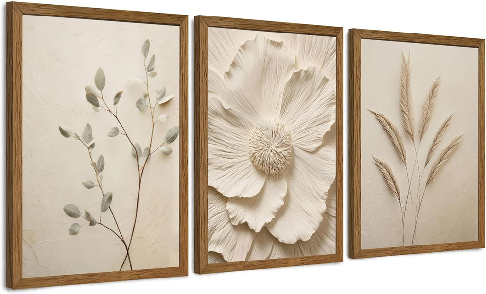 JLTULT Beige Floral Wall Art Set of 3, Solid Wood Frames, 12 x 16 in Each