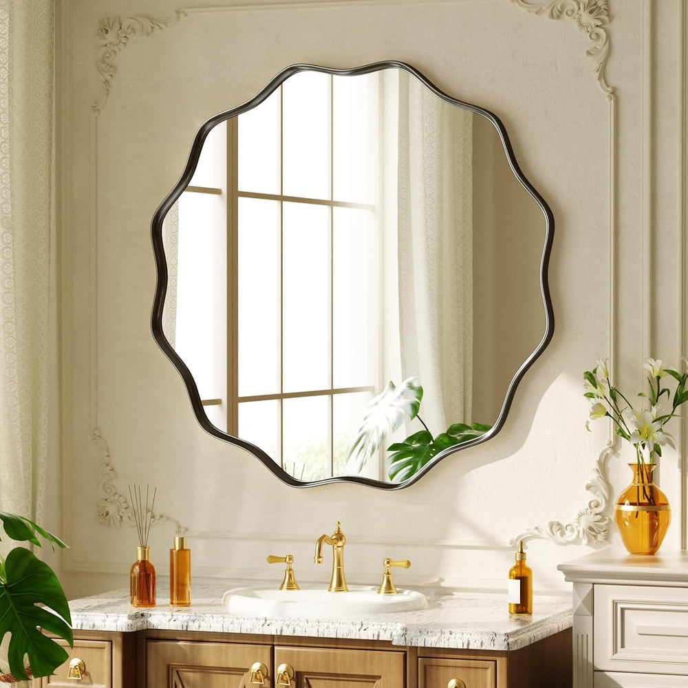 24" Decorative Scalloped Round Wall Mirror, Wavy Metal Deep Frame, Black