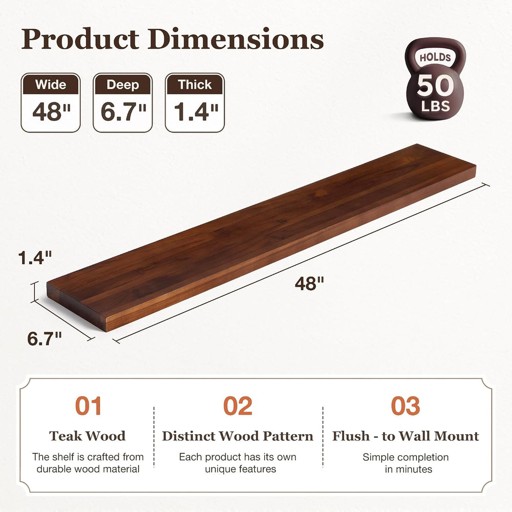 48Inch Floating Shelf, Solid Teak Wood Wall Shelf