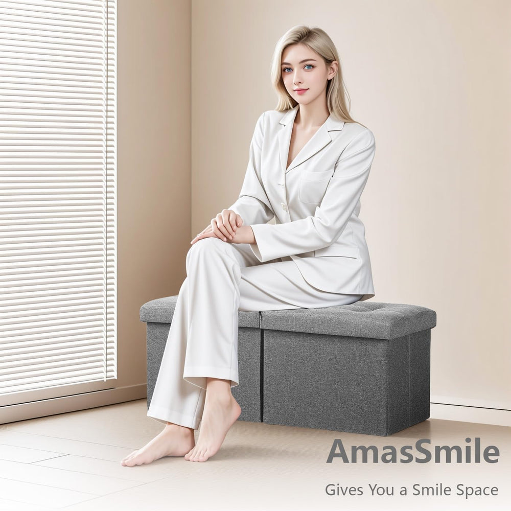 AmasSmile Footrest Ottoman Storage Bench,34" Linen Folding Chest,Gray