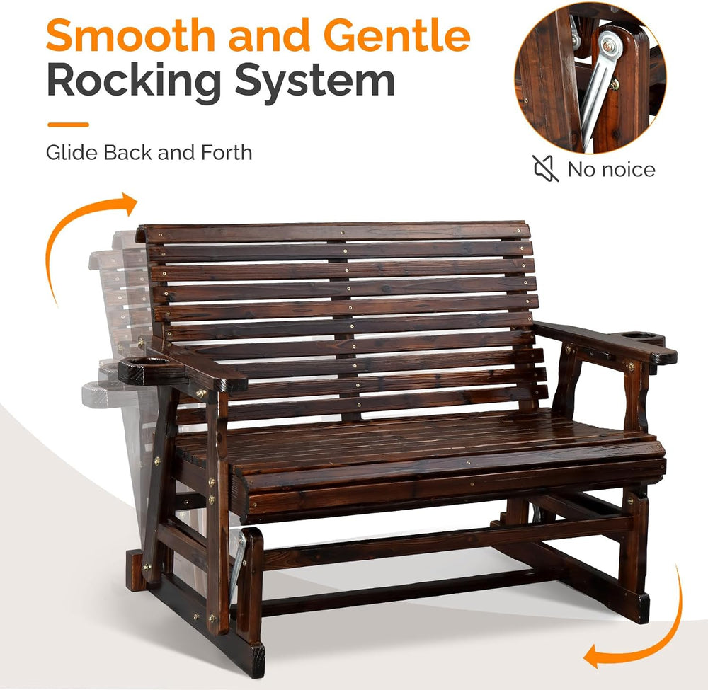 VINGLI Outdoor Glider Wood Patio Chair with Cup Holders, Outdoor Bench Glider...