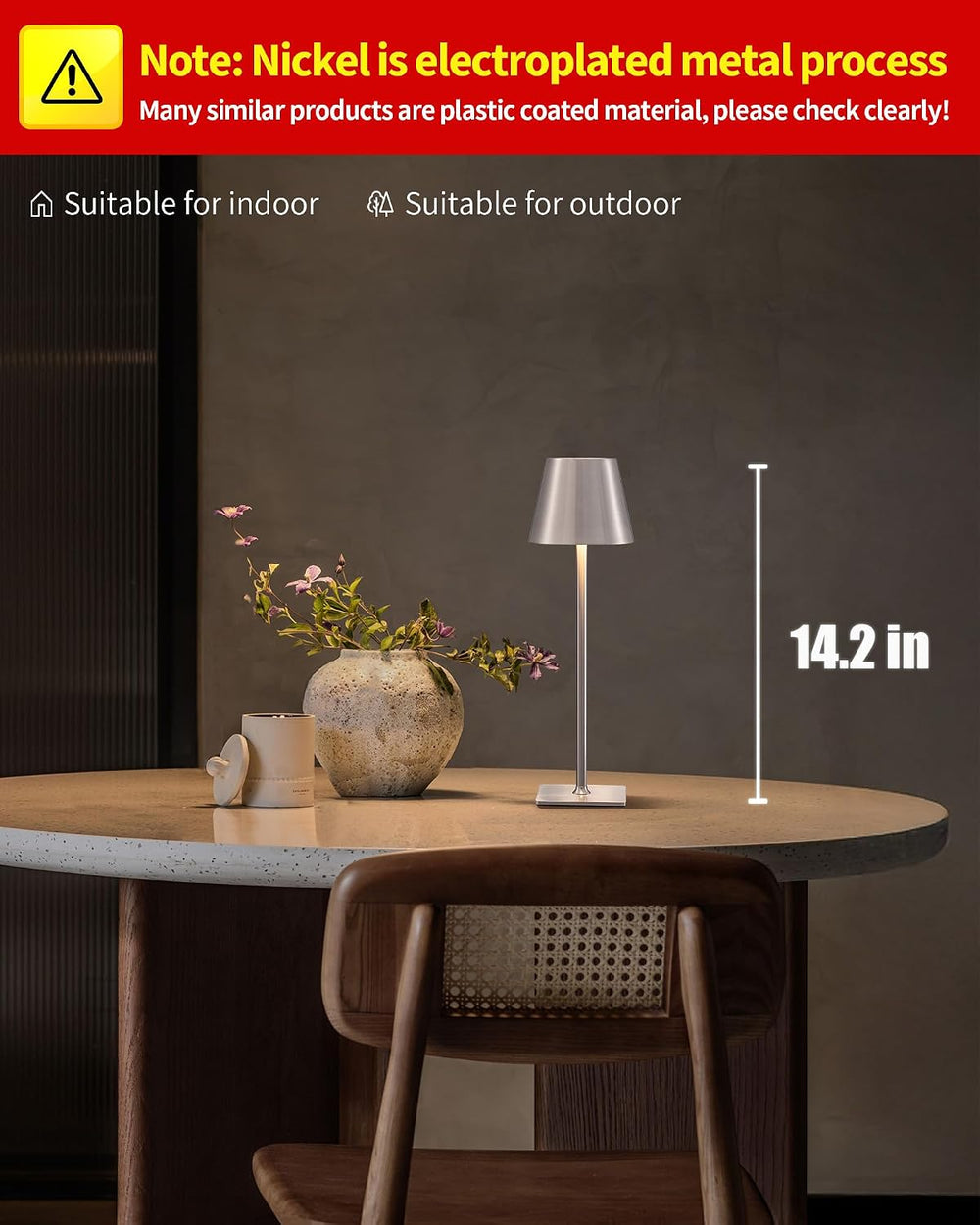 KDG 2 Pack Cordless Brushed Nickel Table Lamps, Portable LED Desk Lamp
