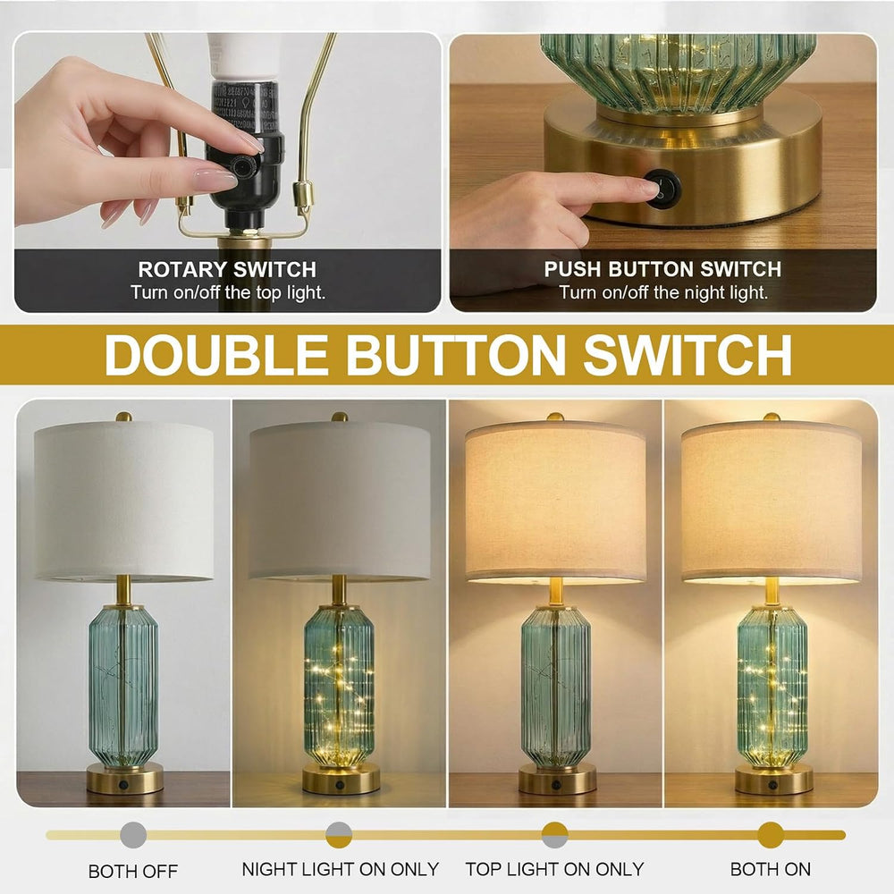 Oneach 24.5" Bedside Table Lamps Set of 2, Green Glass Nightstand Lamps ...