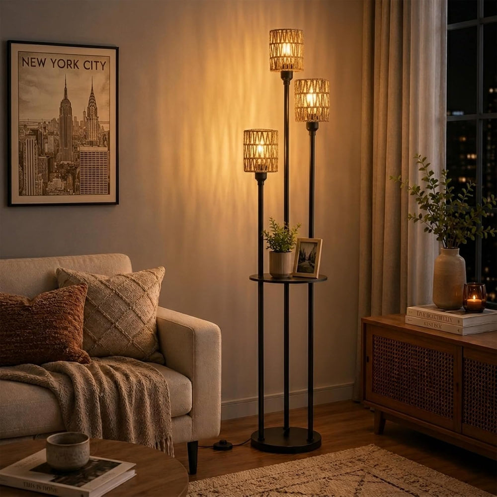 Boho Floor Lamp with Shelves, 3-Lights Farmhouse Tall Floor Lamp with ON/Off ...
