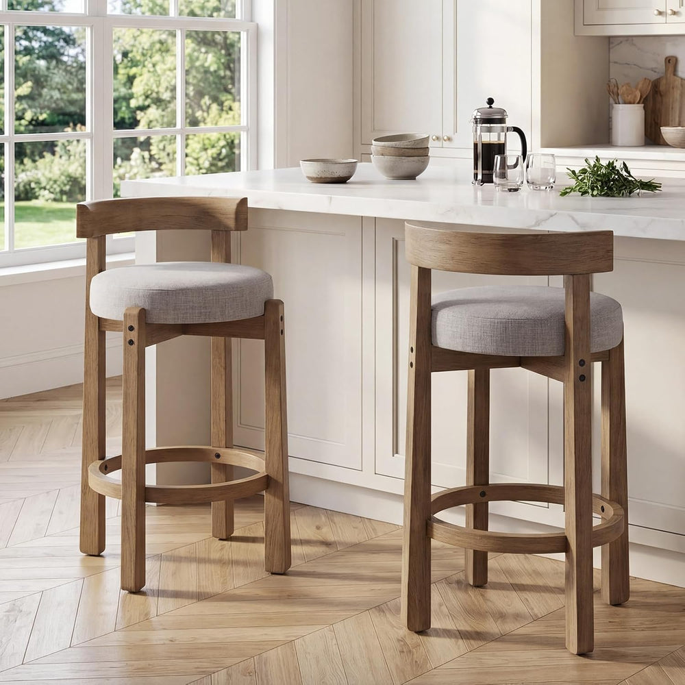 Ya-Home Mid-Century Bar Stools Set of 2, 26.5 Inch Linen Counter Height Uphol...