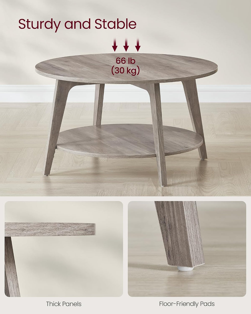VASAGLE Round Coffee Table, 2-Tier Center Table with Storage, Tapered Legs
