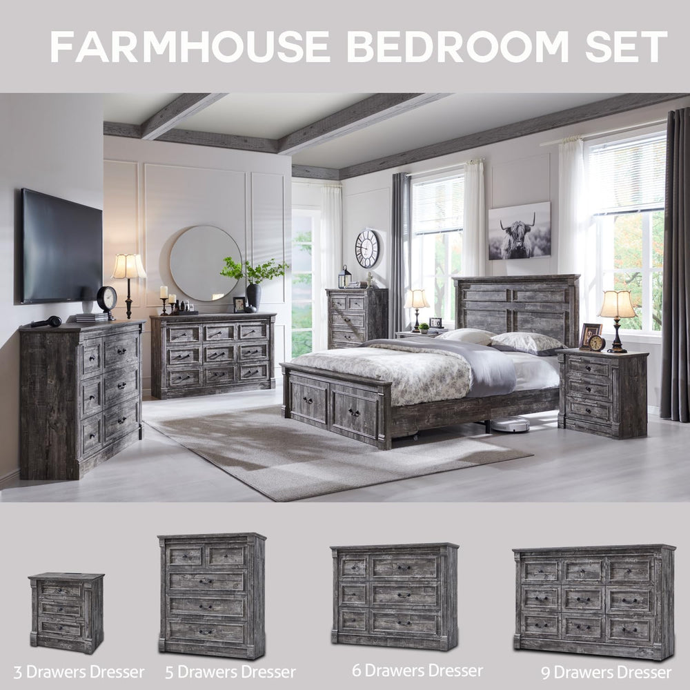 Aitjunz Farmhouse Queen Size Bed Frame w/51 Tall Headboard, Light Grey