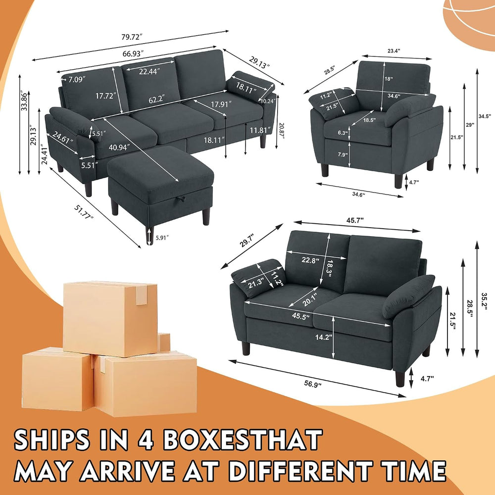 4 Piece Convertible Sectional Sofa Set, Modern Linen Small L Shaped Couch wit...