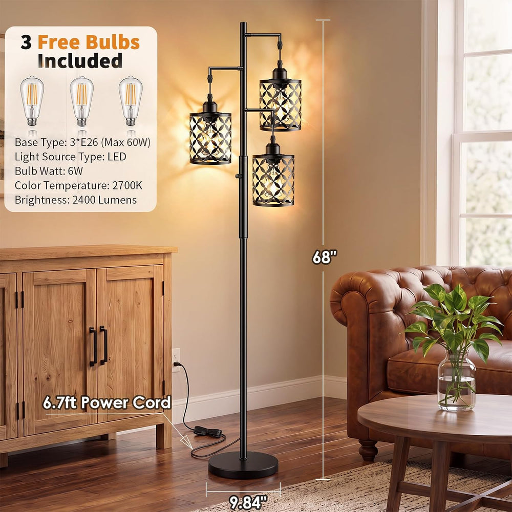 68" Industrial Tree Floor Lamp, Dimmable Farmhouse Tall Standing Lamp wi...