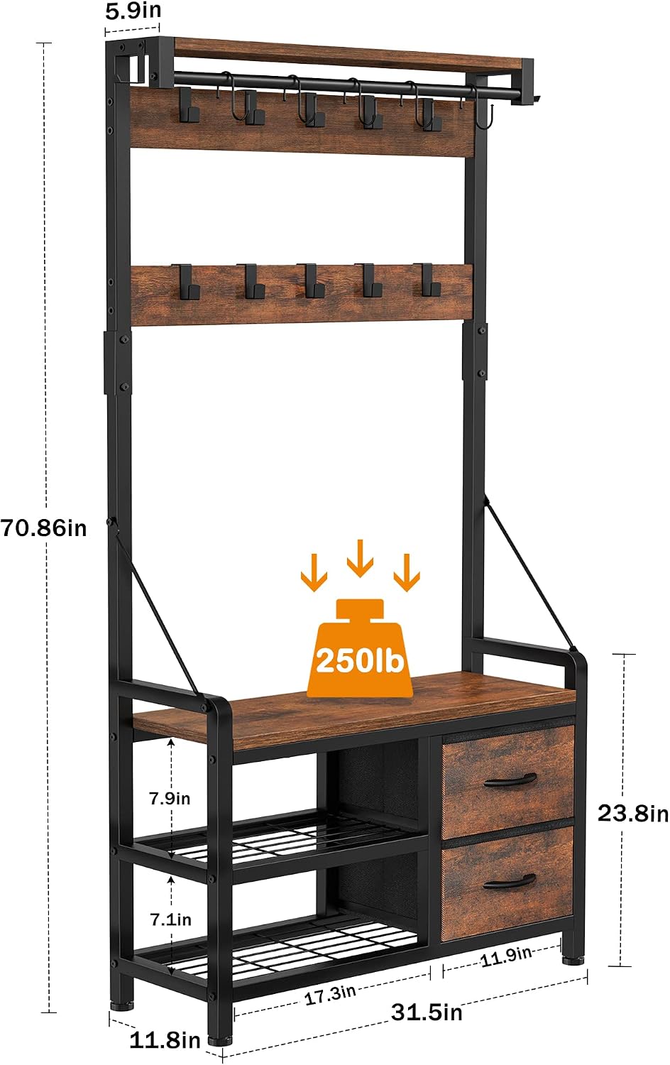 Lulive Hall Tree with Bench and Shoe Storage, 31.5” Coat Rack Freestanding