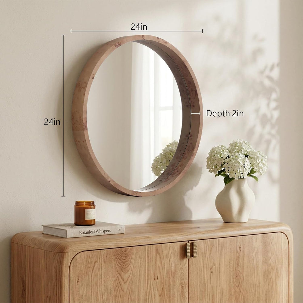 WallBeyond 24 Inch Round Wood Mirror, Burlwood Grain Wood Frame Circle Mirror...