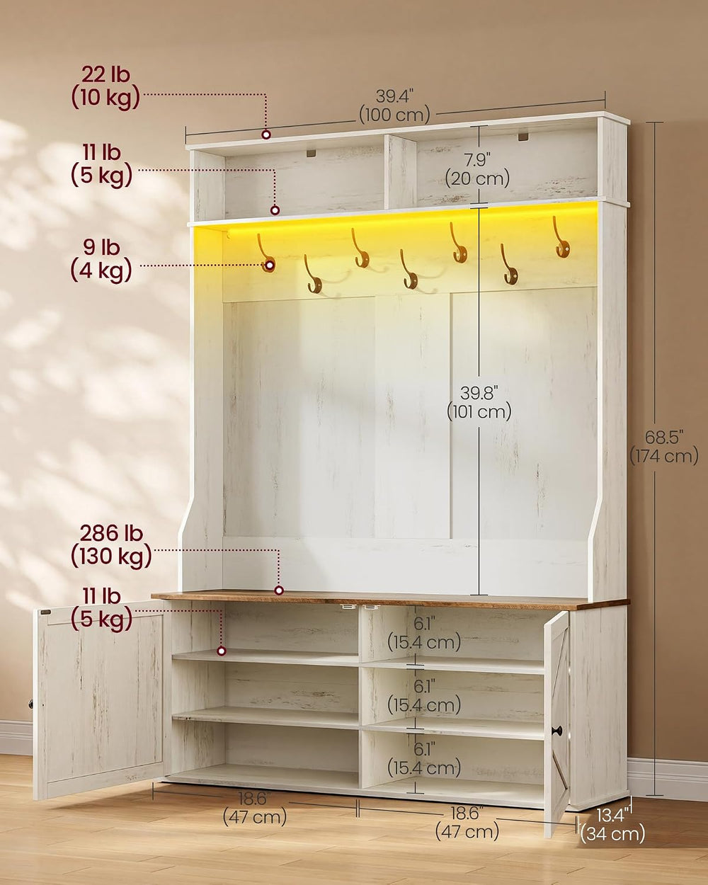 VASAGLE 5-in-1 Hall Tree with Bench and Shoe Storage, Adjustable LED Light