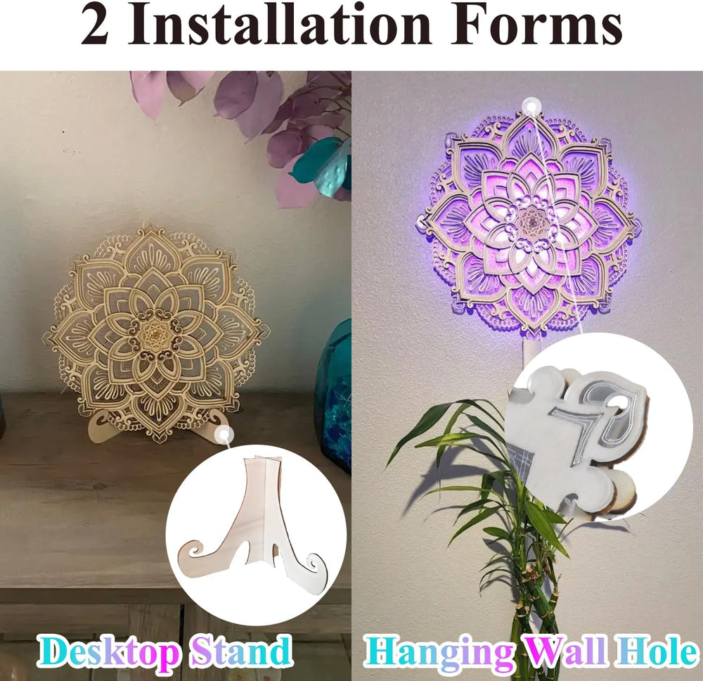 Wooden Mandala Wall Art, Lotus Flower Wall Decor with Led Light