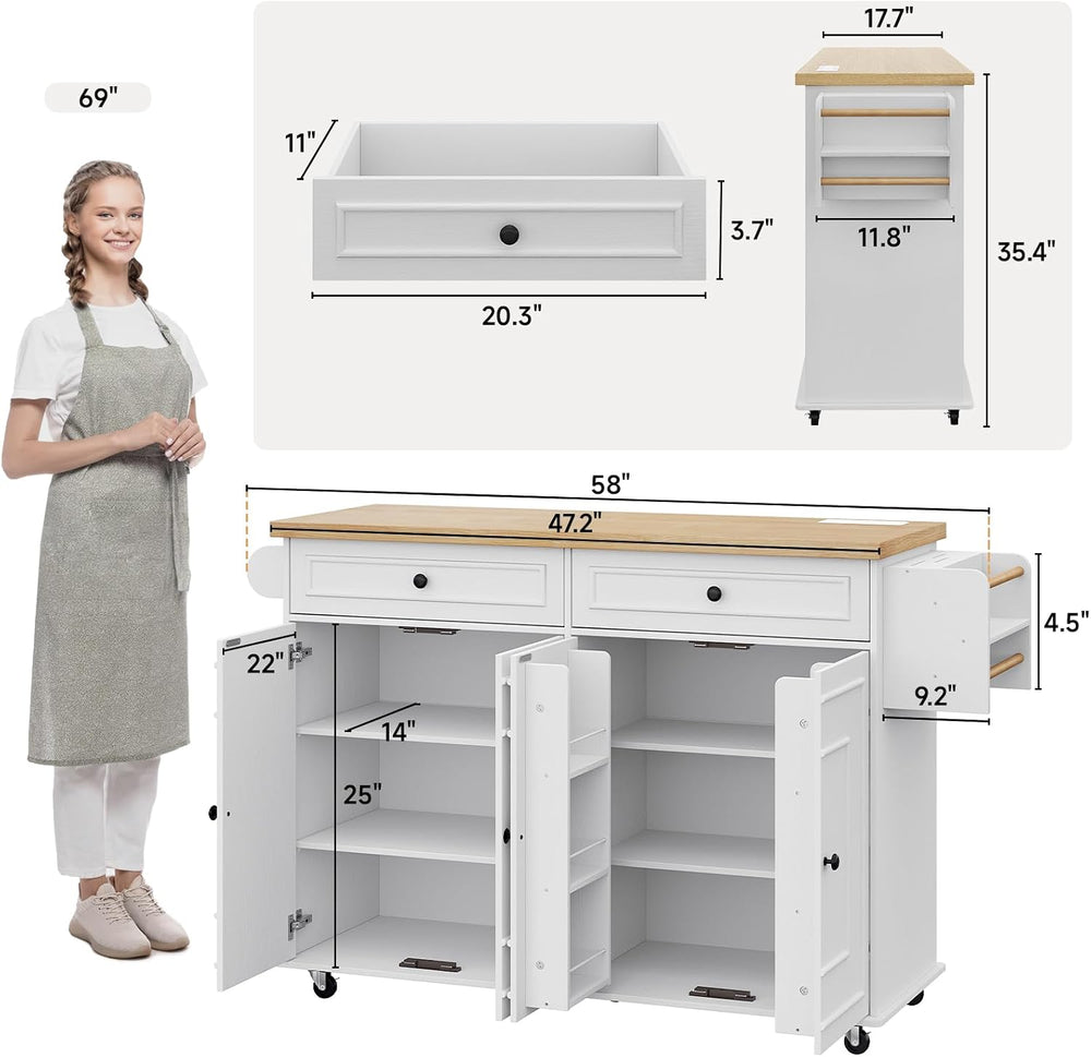 ONBRILL 58" Kitchen Island with Power Outlet, Rolling Kitchen Cart, White