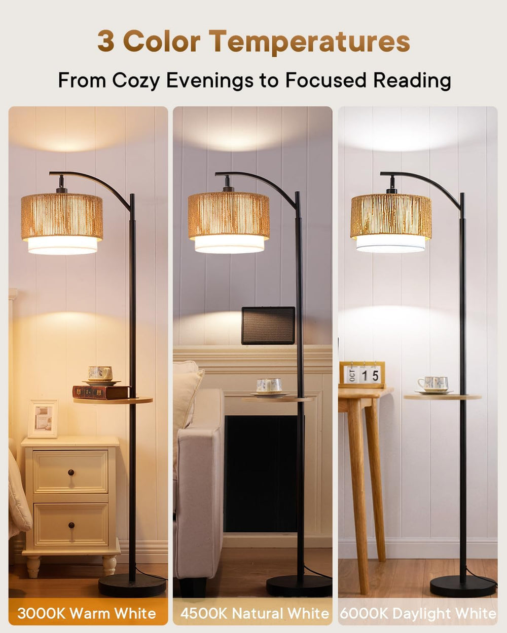 PESRAE Rattan Floor Lamp for Living Room, Farmhouse Arc Standing Lamp