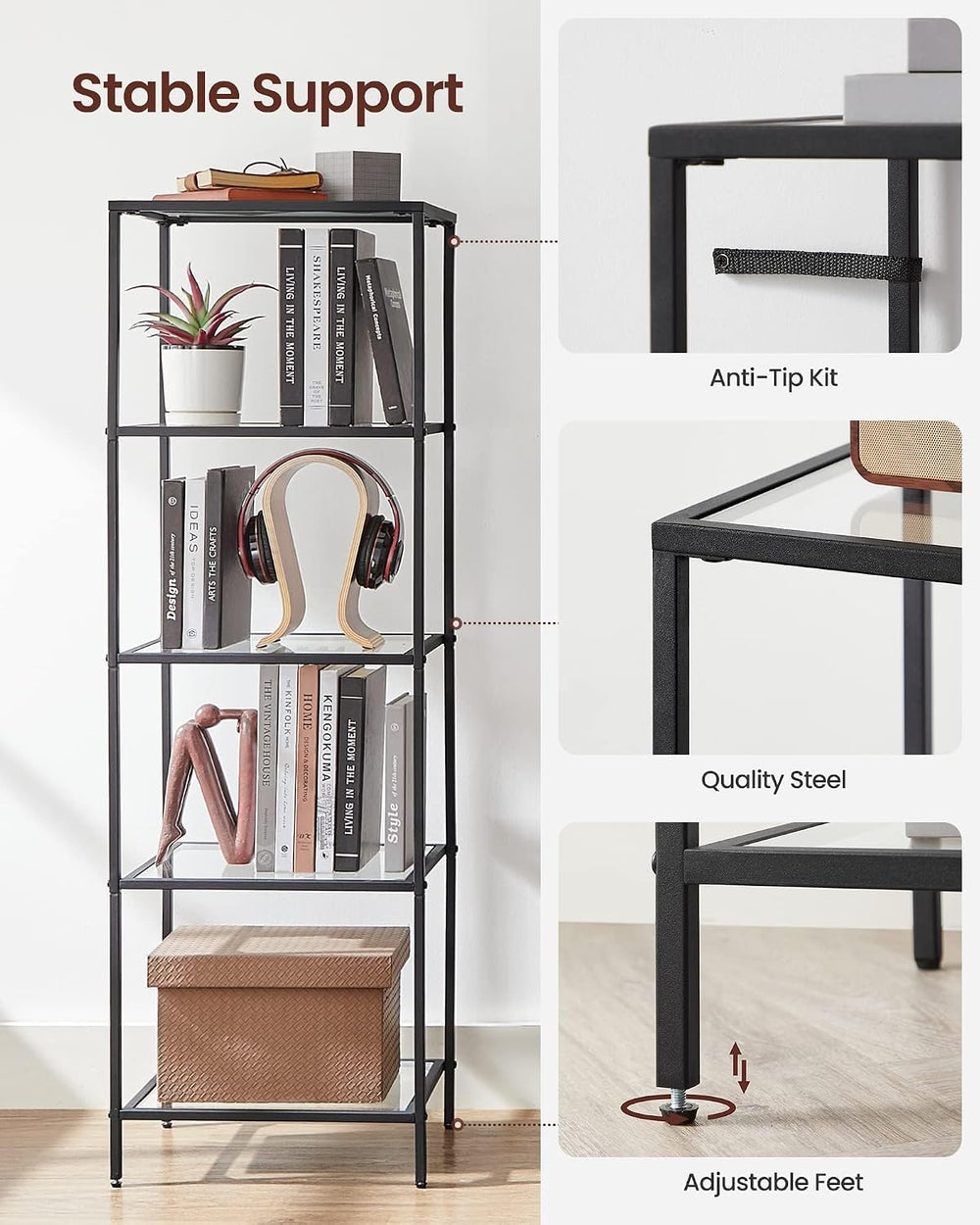 VASAGLE Bookcase Bookshelf, Tempered Glass Bookshelves, Steel Frame