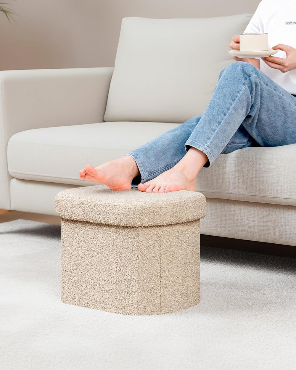 B FSOBEIIALEO 16.14" Boucle Storage Ottoman Cube for Dorm Room, Beige
