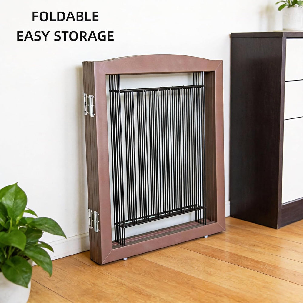 ZJSF Freestanding Foldable Dog Gate for House Extra Wide Wooden Brown Puppy G...