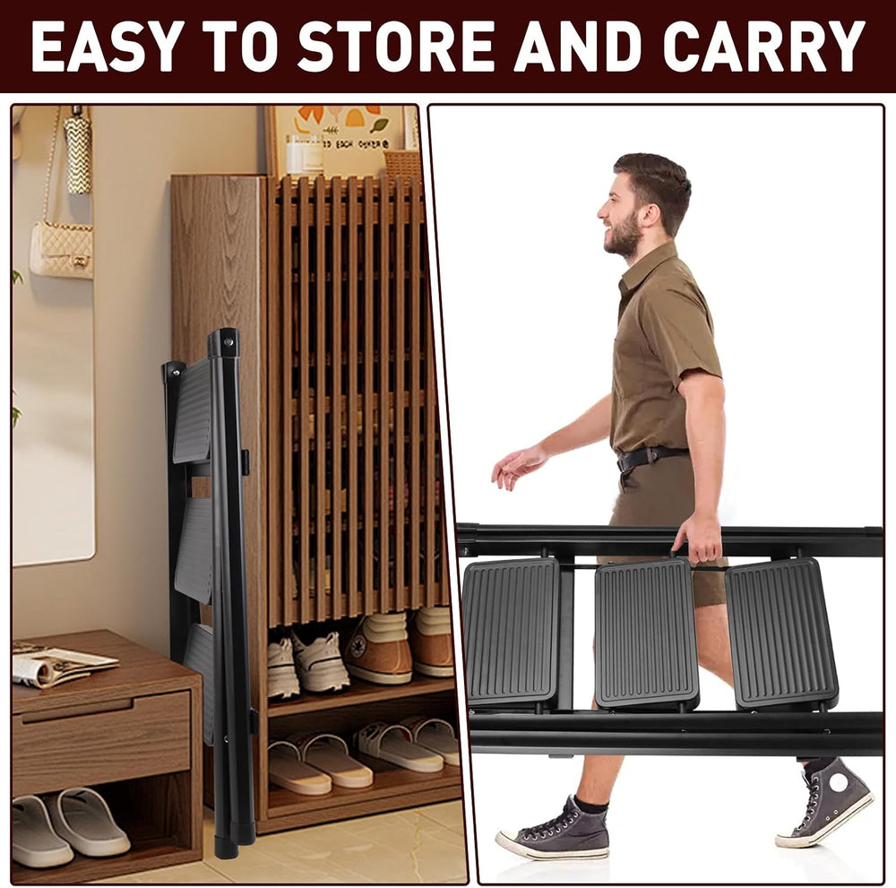 3 Step Ladder, Portable Folding Step Stool for Home Kitchen, Black