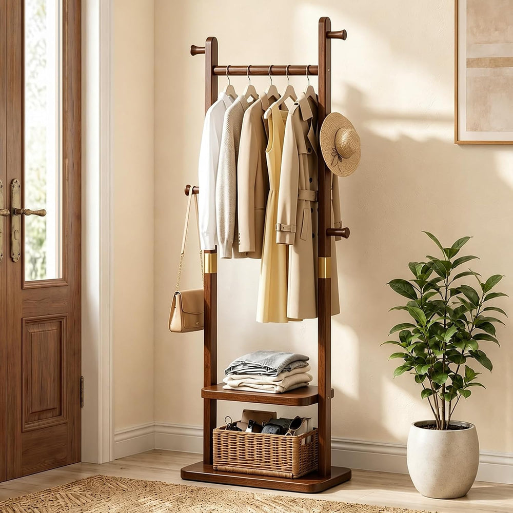 Taitiy Solid Wood Coat Rack Freestanding Clothes Rack 5 Hooks 2 Shelves
