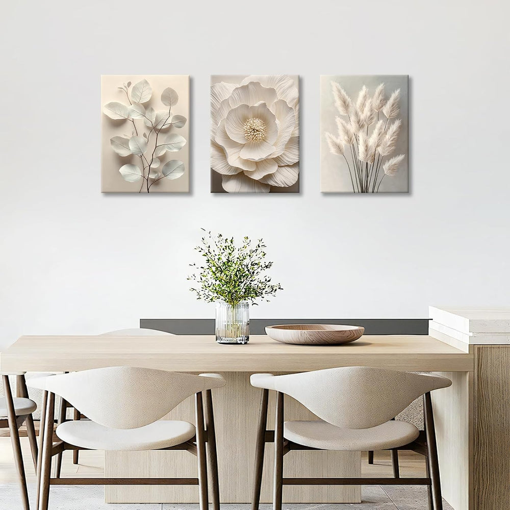 WENGTIAO 3Pcs Beige Floral Botanical Frame Canvas Wall Art 12"x16"x3