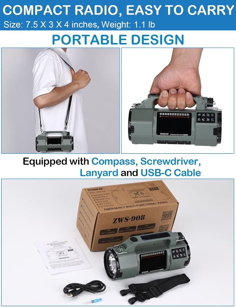 ZHIWHIS Emergency Radio with Bluetooth, Multi-Function Portable Radios with L...