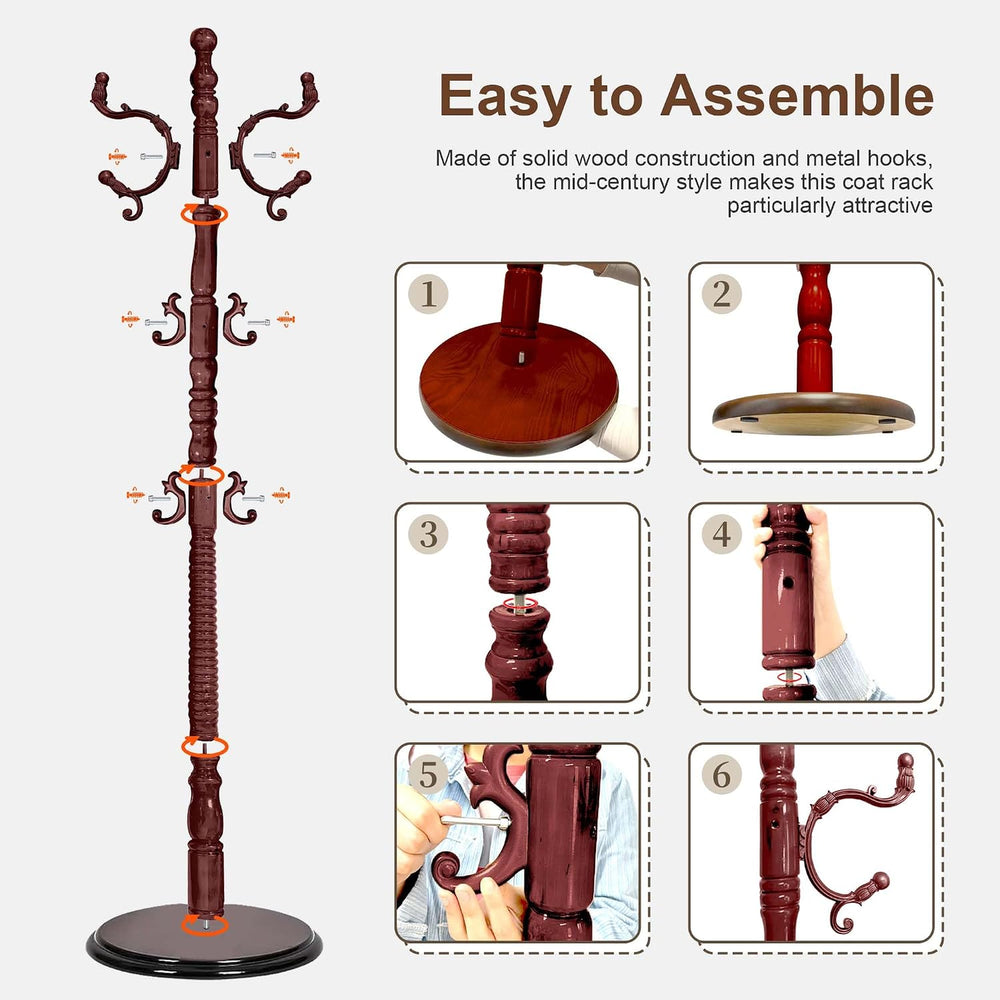 Wooden Coat Rack Freestanding Heavy Duty with 18 Hooks, Mahogany