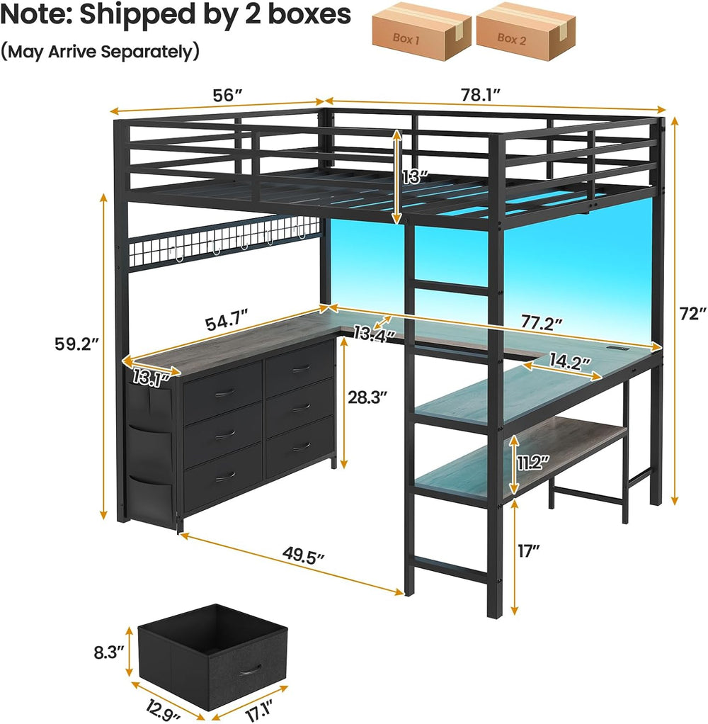ADORNEVE Loft Bed Full Size with U-Shaped Desk, 6 Storage Drawers, Grey