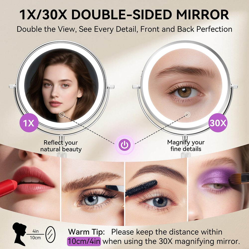 Auxmir 9" 5000mAh Magnifying Mirror, 1X/30X Lighted Makeup Mirror, Chrome