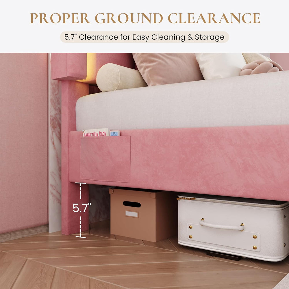 SHA CERLIN Queen Size Bed Frame with LED Lights and Storage Drawer, Pink