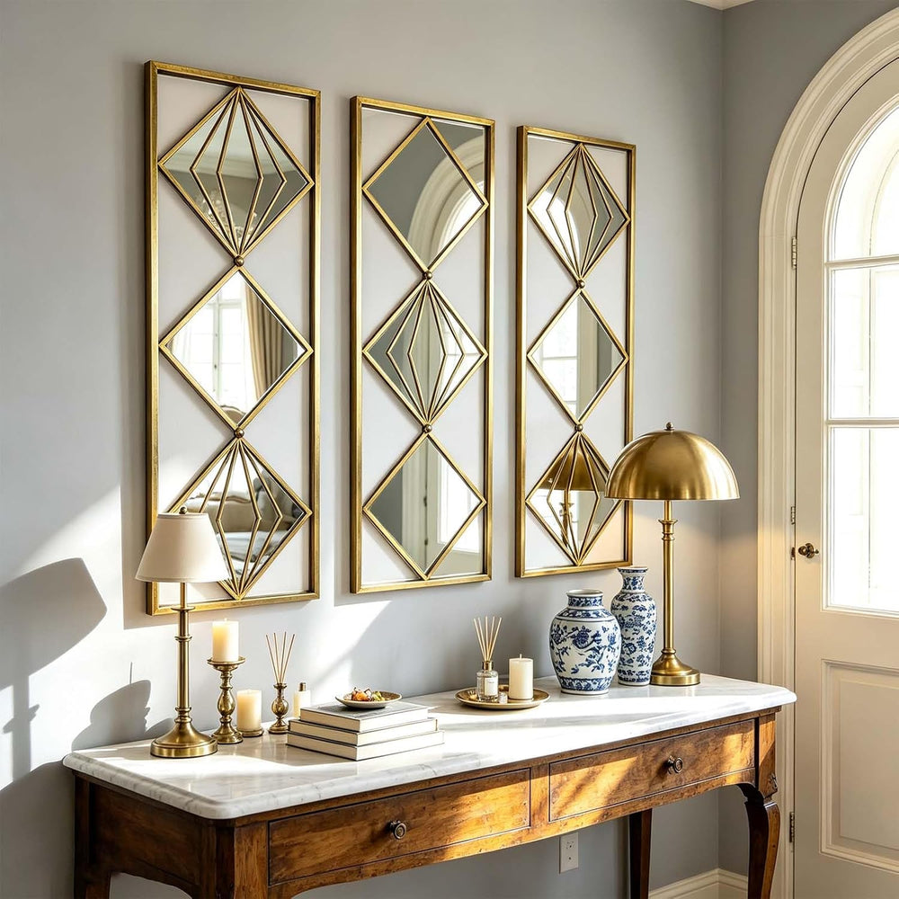 Set of 3 Gold Wall Mirrors, Large Geometric Decorative Mirrors with Metal Fra...