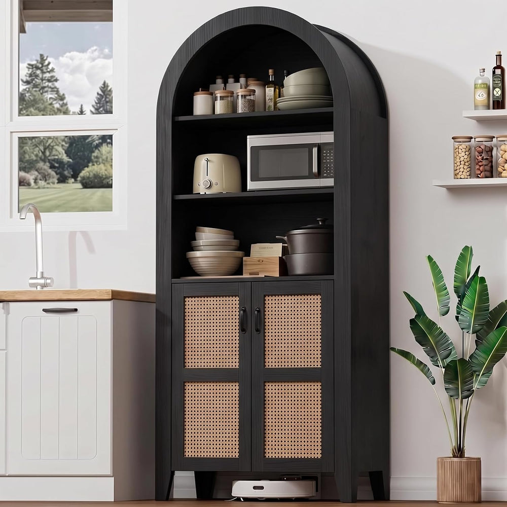 Arched Pantry Cabinet, 71" Kitchen Pantry Cabinet with Smooth Gliding Dr...